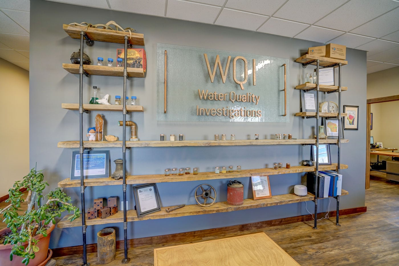 Wall displaying WQI sign and decoration